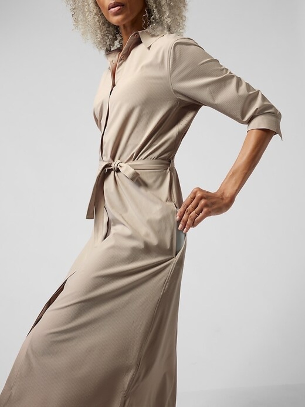 Athleta Urbanite textured pinstripe tan tie waist button maxi dress size medium
